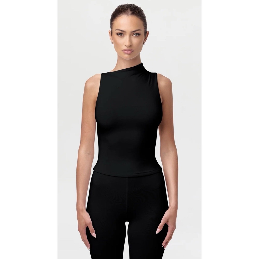 Naked Wardrobe Women M NWOT Black Sleeveless Draped Mock Neck Fitted Top